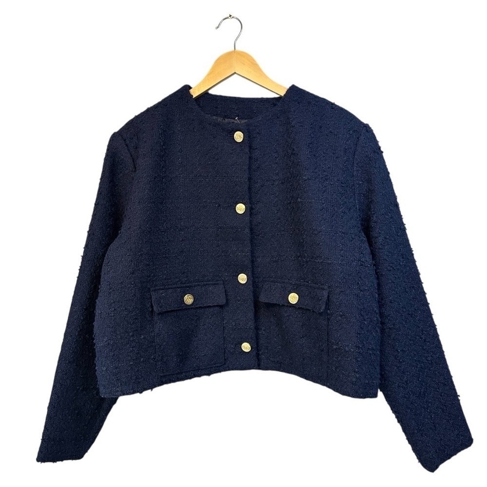 Abercrombie & Fitch Collarless Navy Cropped Tweed Jacket with Gold Buttons, XL